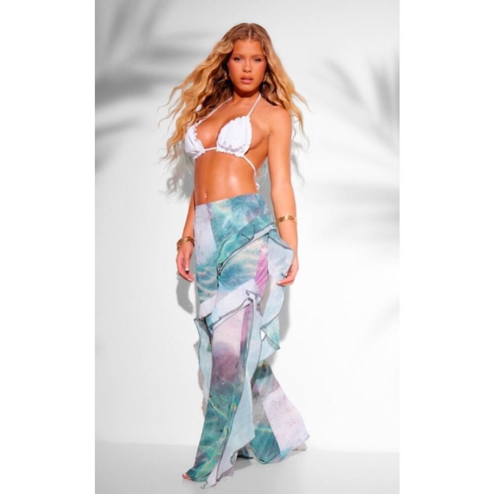 PrettyLittleThing Multi Water Print Frill Beach Trousers US Size 6 NWT UK 10